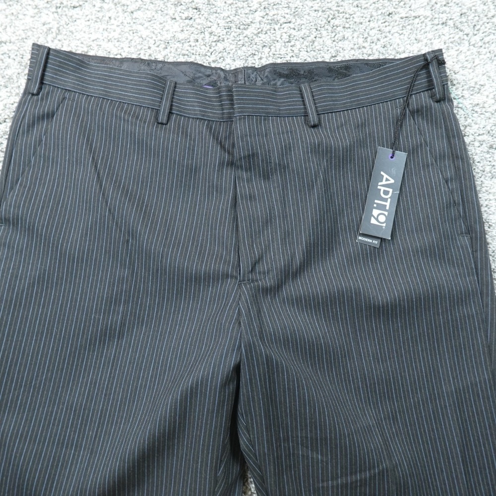 NEW Apt 9 Pants Mens 34X30 Black Pinstripe Chino Dress Slacks Trouser Flat Front